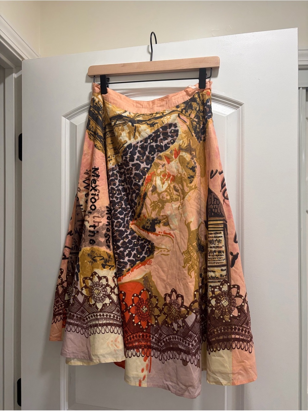 VTG Goodclothes Mexico Art Print Flare Midi Skirt S Cotton Tencel Lined Boho